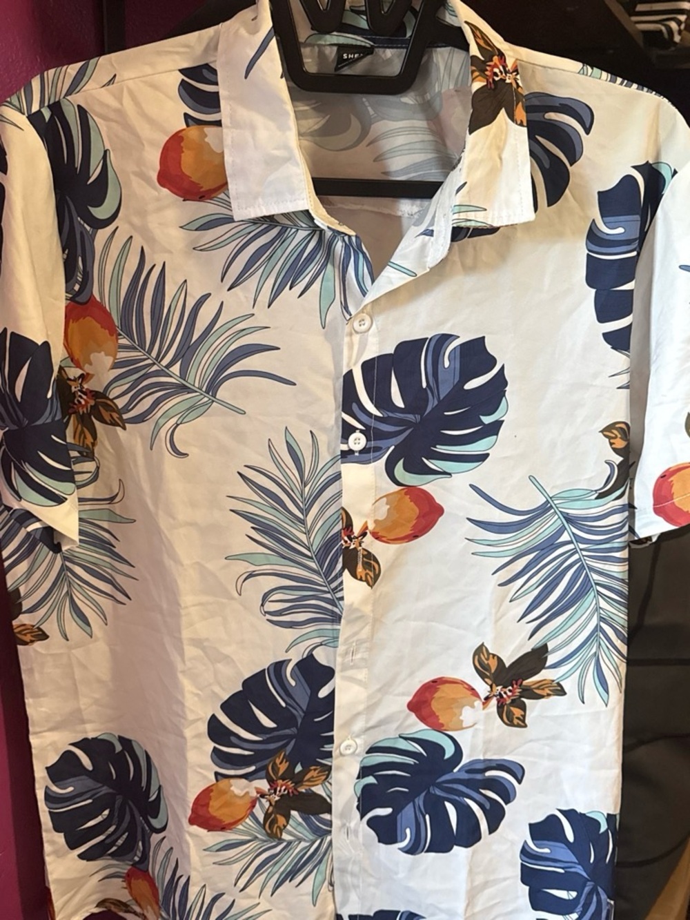 SHEIN White Short-Sleeve Tropical Print Button-Down Shirt